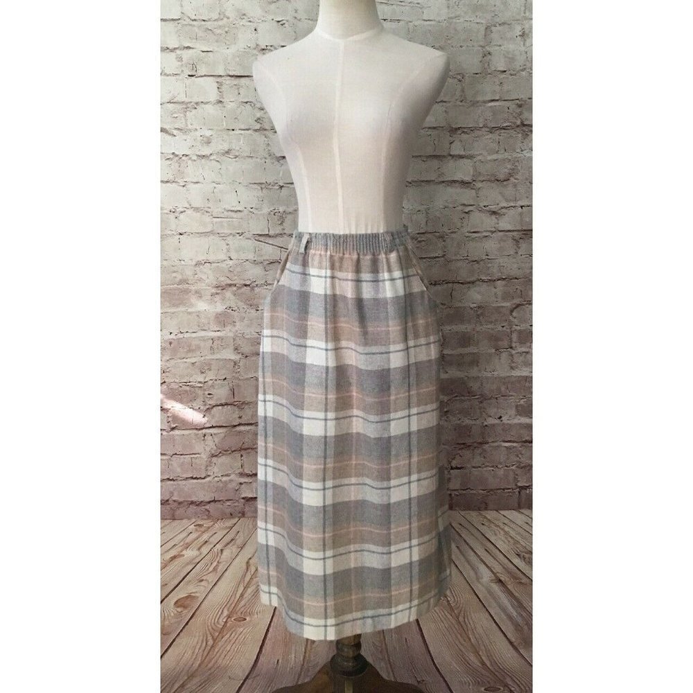 Ermane'  Vintage Womens Beige Plaid Mid Calf  Secretary Skirt Size 7/8  USA Made